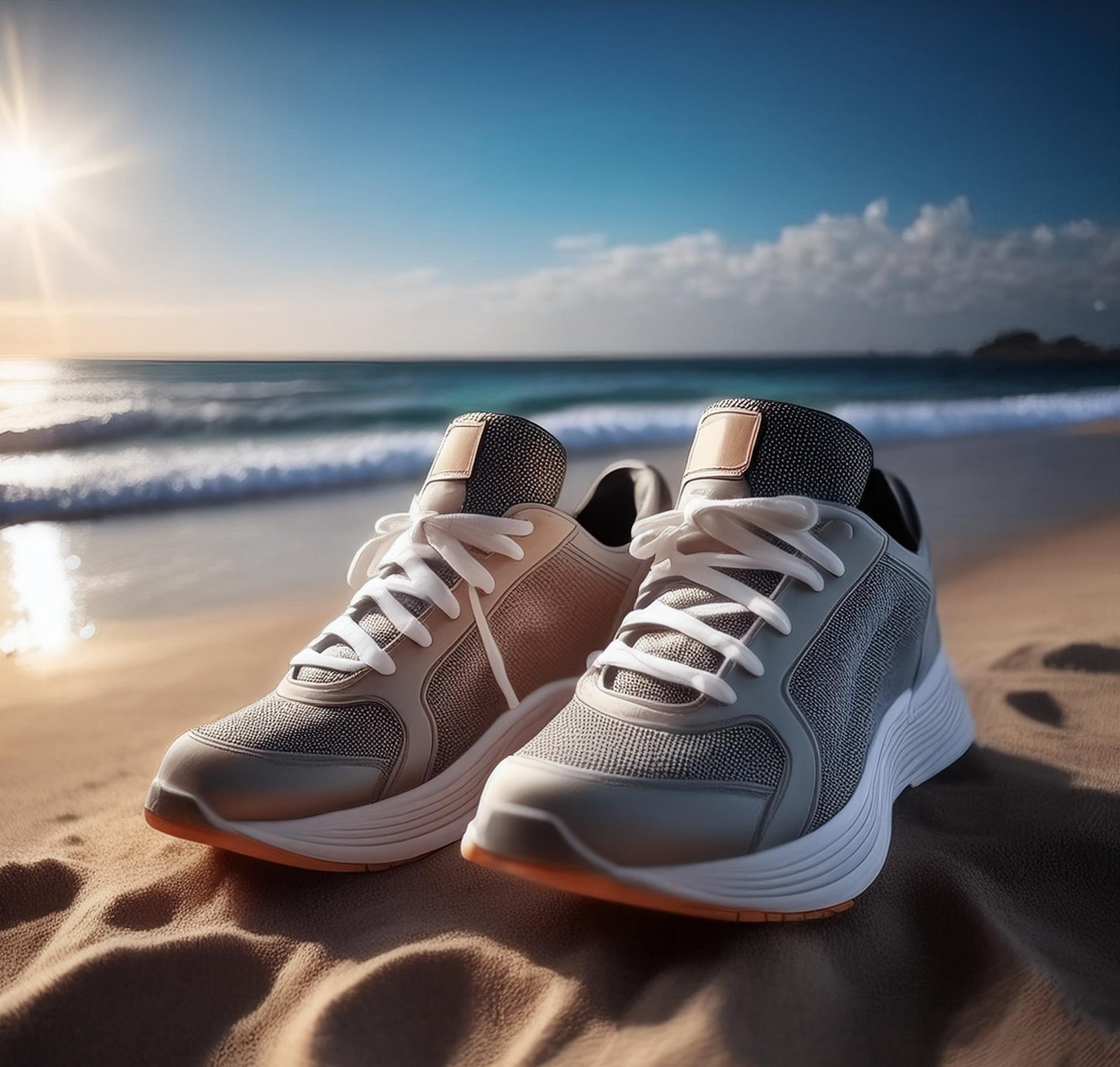 A pair of sneakers resting on the sandy beach, with gentle waves lapping in the background.