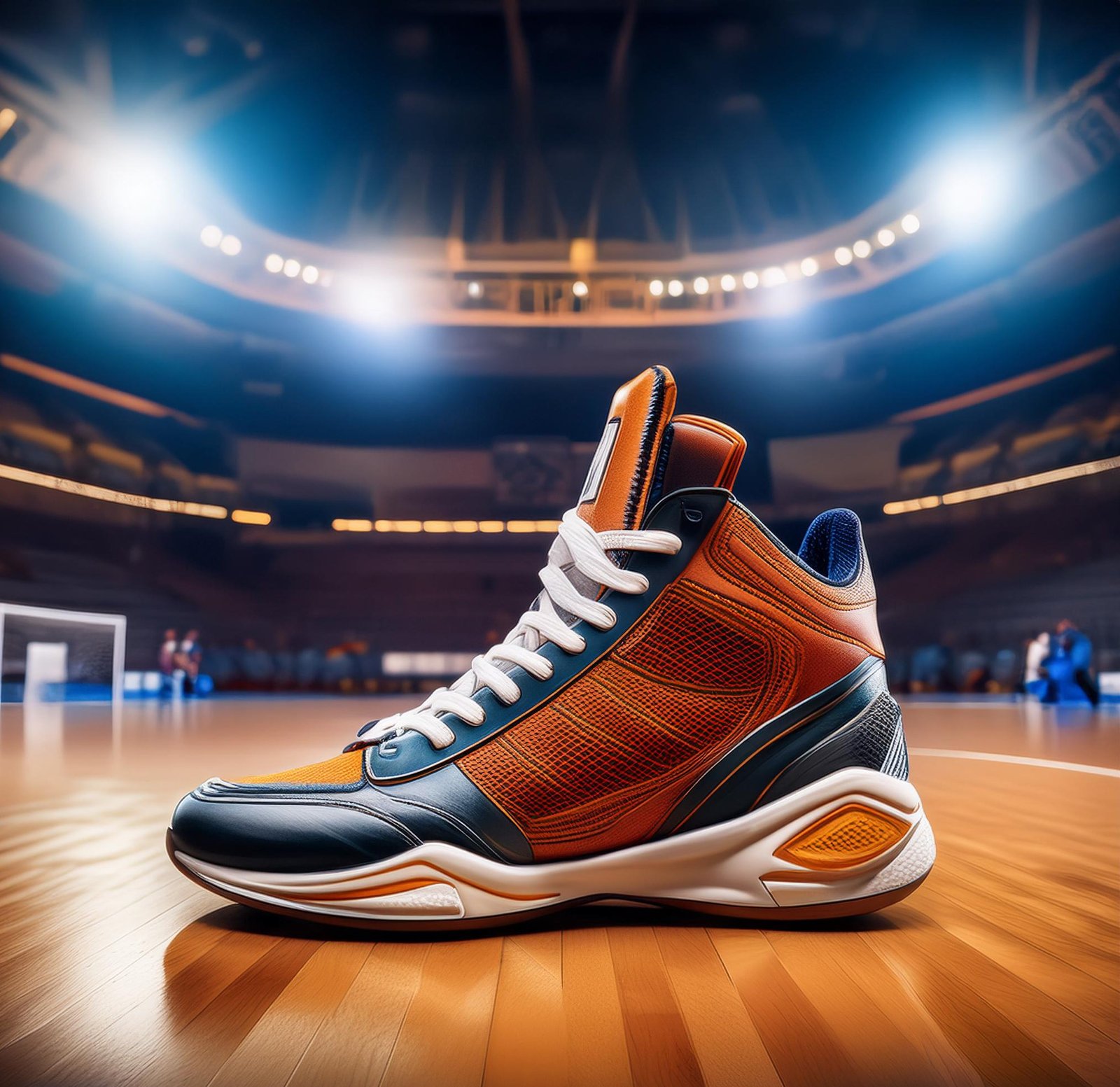 An orange and blue basketball shoe resting on a polished hardwood floor, showcasing its vibrant design and athletic appeal.