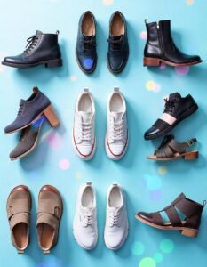 A stylish arrangement of various types of shoes, including sneakers, heels, boots, loafers, and sandals, displayed on a light background with soft shadows and a clean text overlay reading 'The Ultimate Shoe Guide.