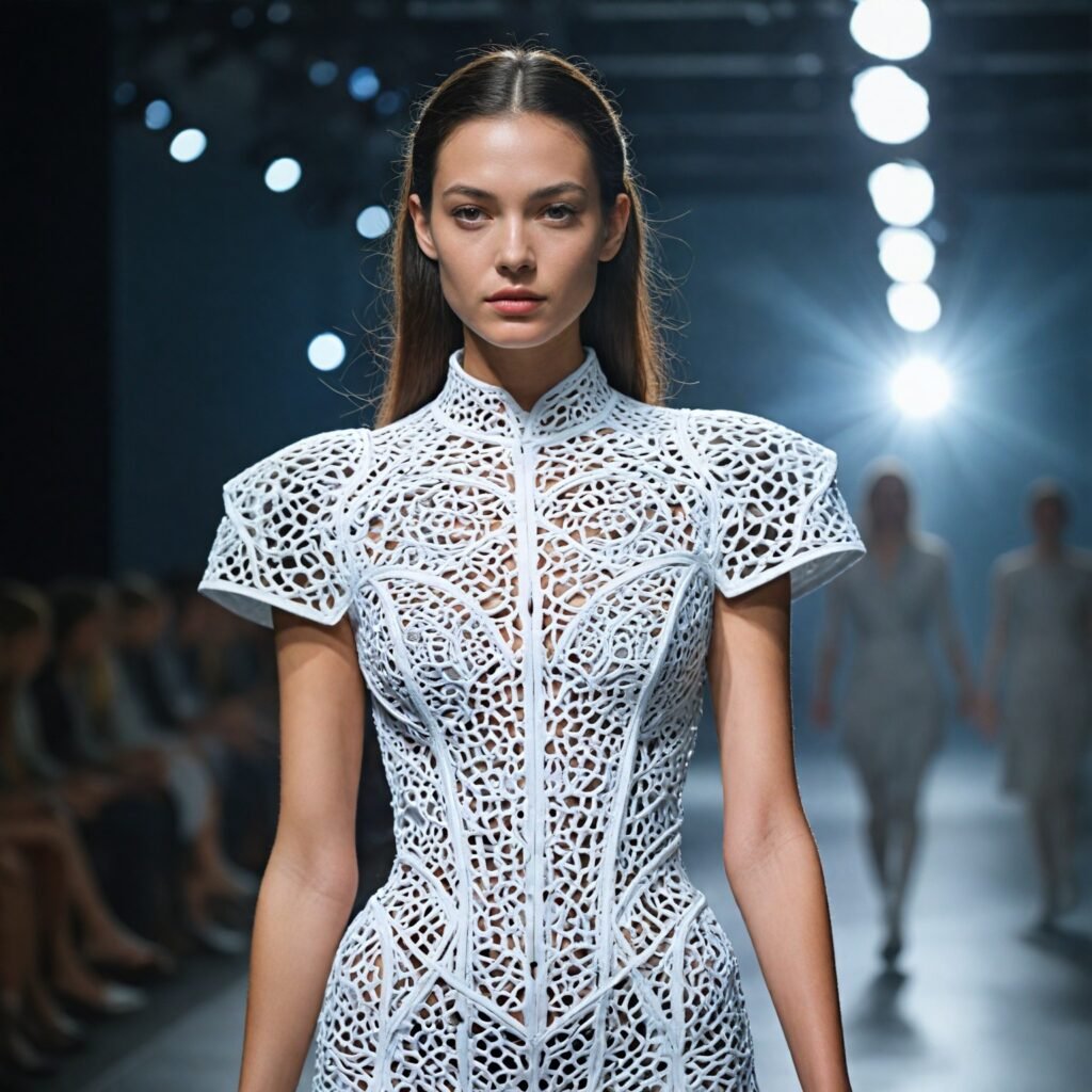 Models on a futuristic runway showcasing 3D-printed fashion with intricate, layered designs and geometric patterns, blending fashion with sci-fi technology.