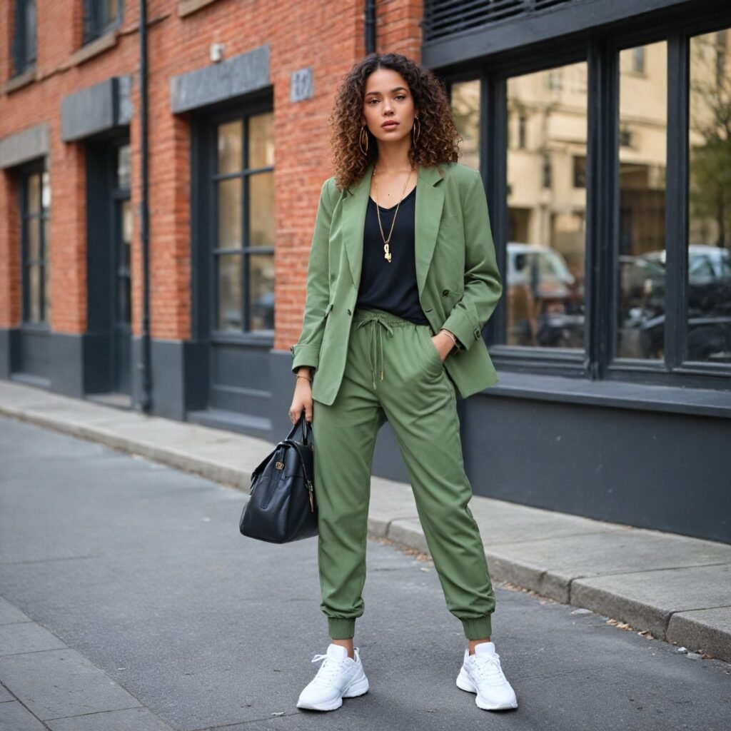 A stylish outfit featuring a form-fitting crop jogger layered with an oversized blazer and chunky shoes, embodying the athletic-chic trend.