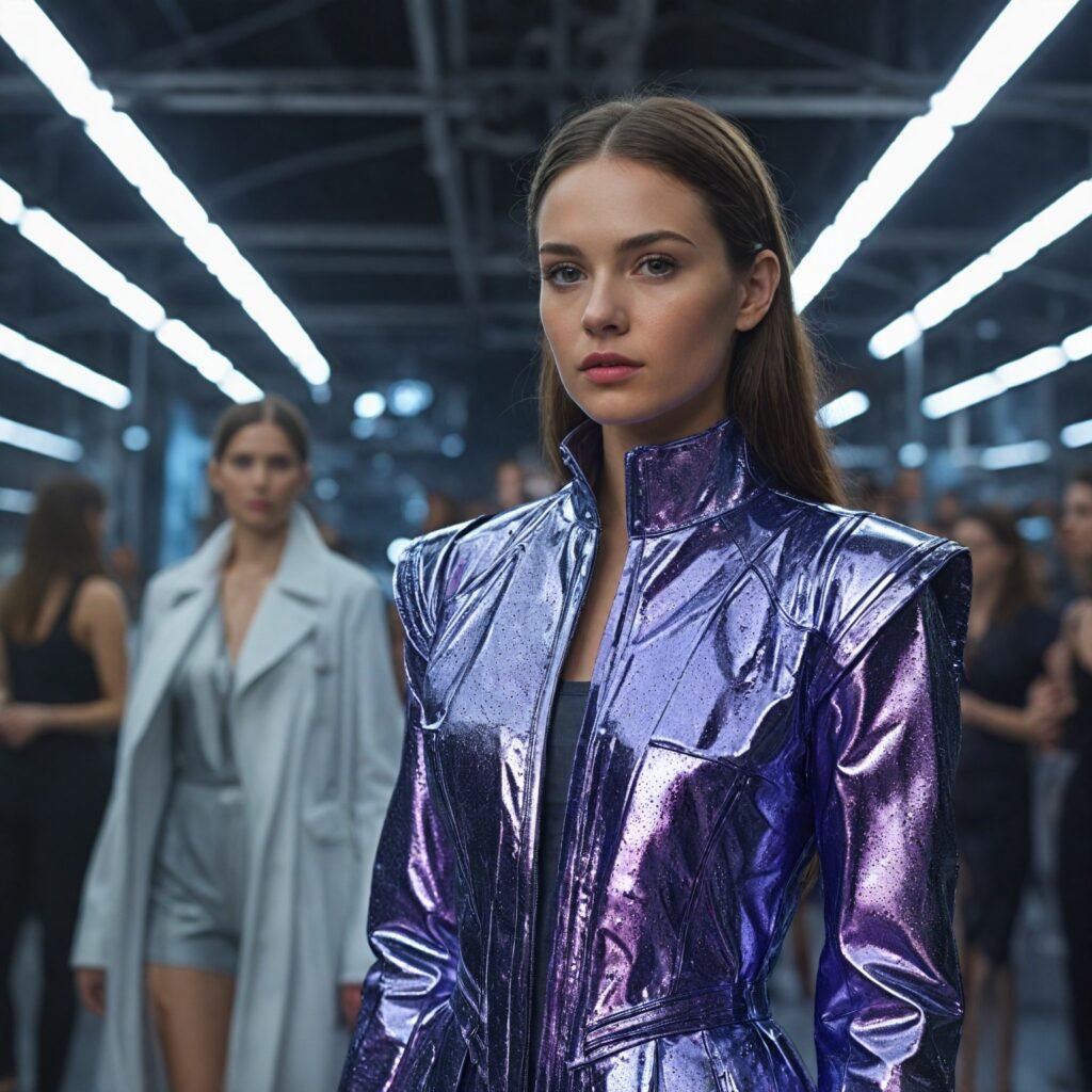 Models in futuristic outfits made from techno fabrics, featuring metallic finishes, holographic details, and LED elements, for a space-age look.