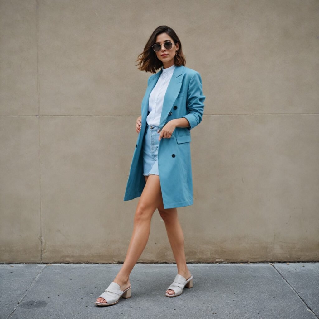 A fashionable outfit featuring chic mules paired with an oversized blazer and a skirt, showcasing a stylish, modern look.