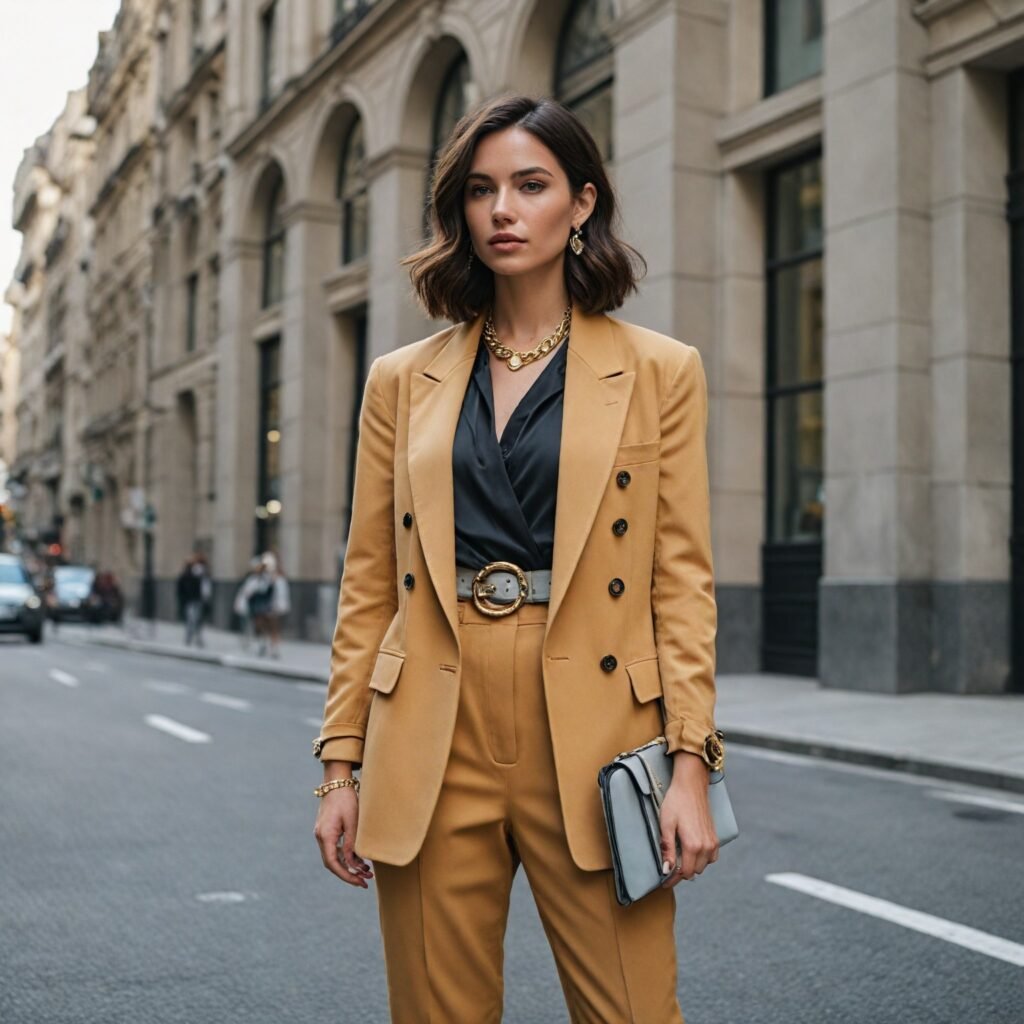 A chic outfit featuring an oversized blazer styled with accessories like statement jewelry, belts, and a stylish bag, highlighting ways to elevate the look.