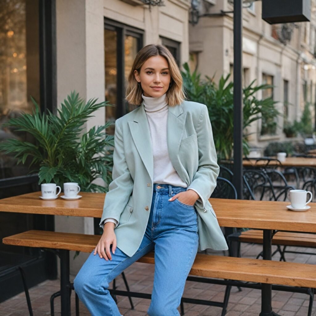 Person wearing mom jeans with a fitted turtleneck and oversized blazer for a relaxed, casual outfit