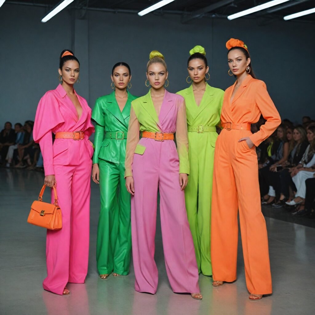 Models on a runway in 2025 fashion, wearing metallic and holographic outfits with neon accessories like pink belts, orange heels, and bright statement earrings.