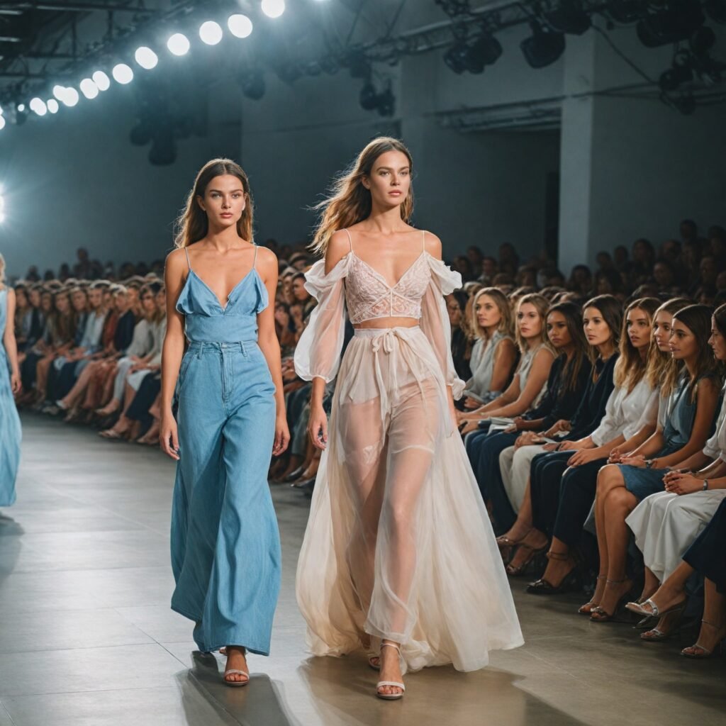 Runway models at New York Fashion Week in spring/summer 2025 styles, featuring sheer gowns, double denim, pastels, and sporty chic fashion.