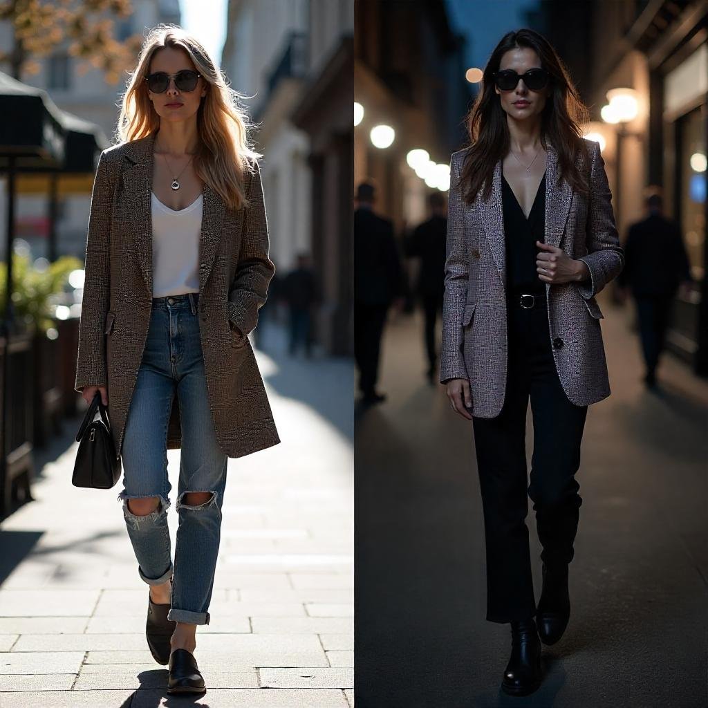 How to Wear Oversized Blazers for Casual? Person styling an oversized blazer for both daytime casual and nighttime chic looks