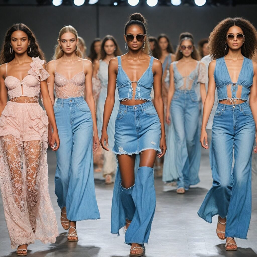 Models showcasing 2025 fashion trends on the runway, featuring sheer dresses, denim-on-denim, pastels, and sustainable textures at New York Fashion Week.