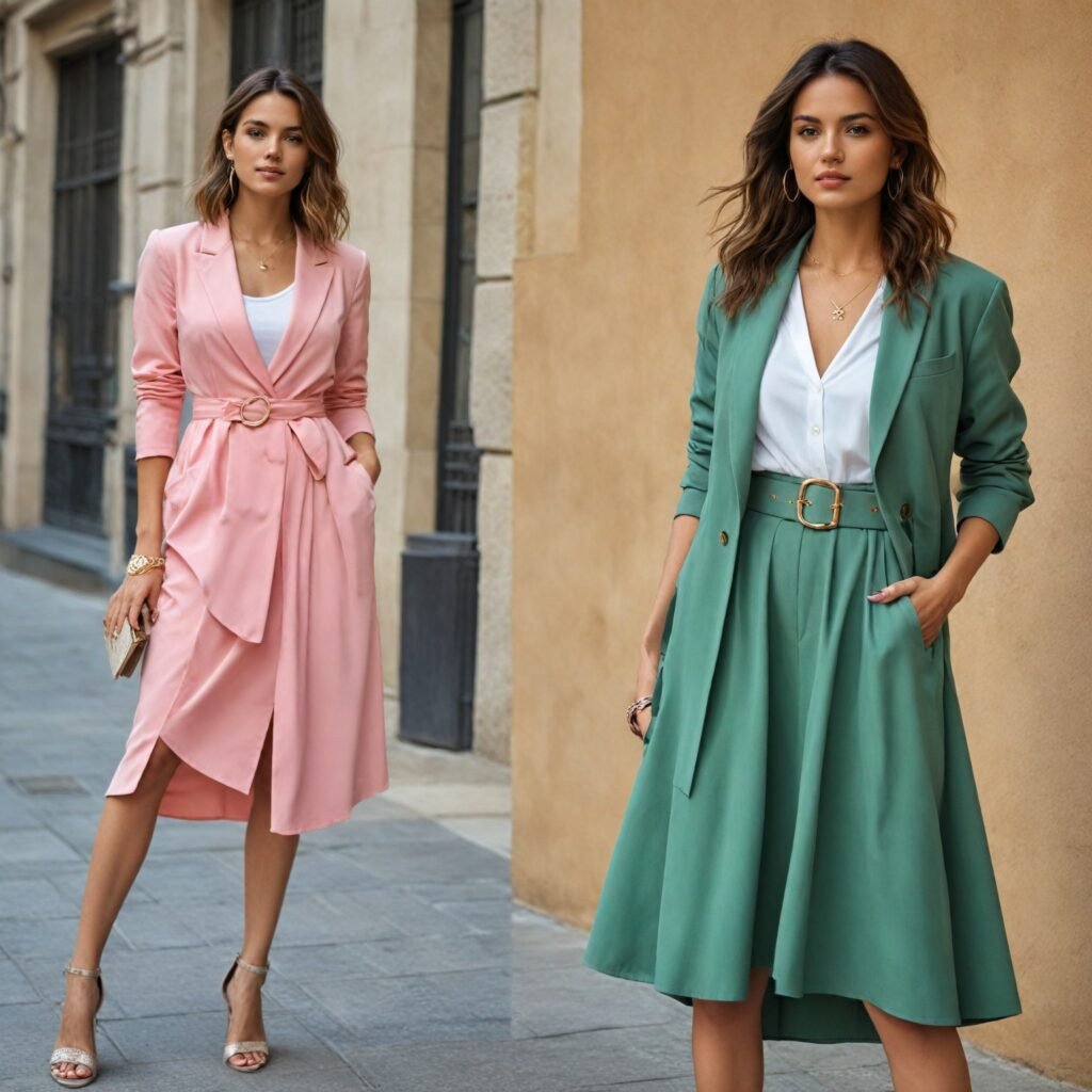 A stylish outfit featuring a flowy midi dress layered with a loose comfy blazer and cinched at the waist with a belt, showcasing a chic and comfortable look.