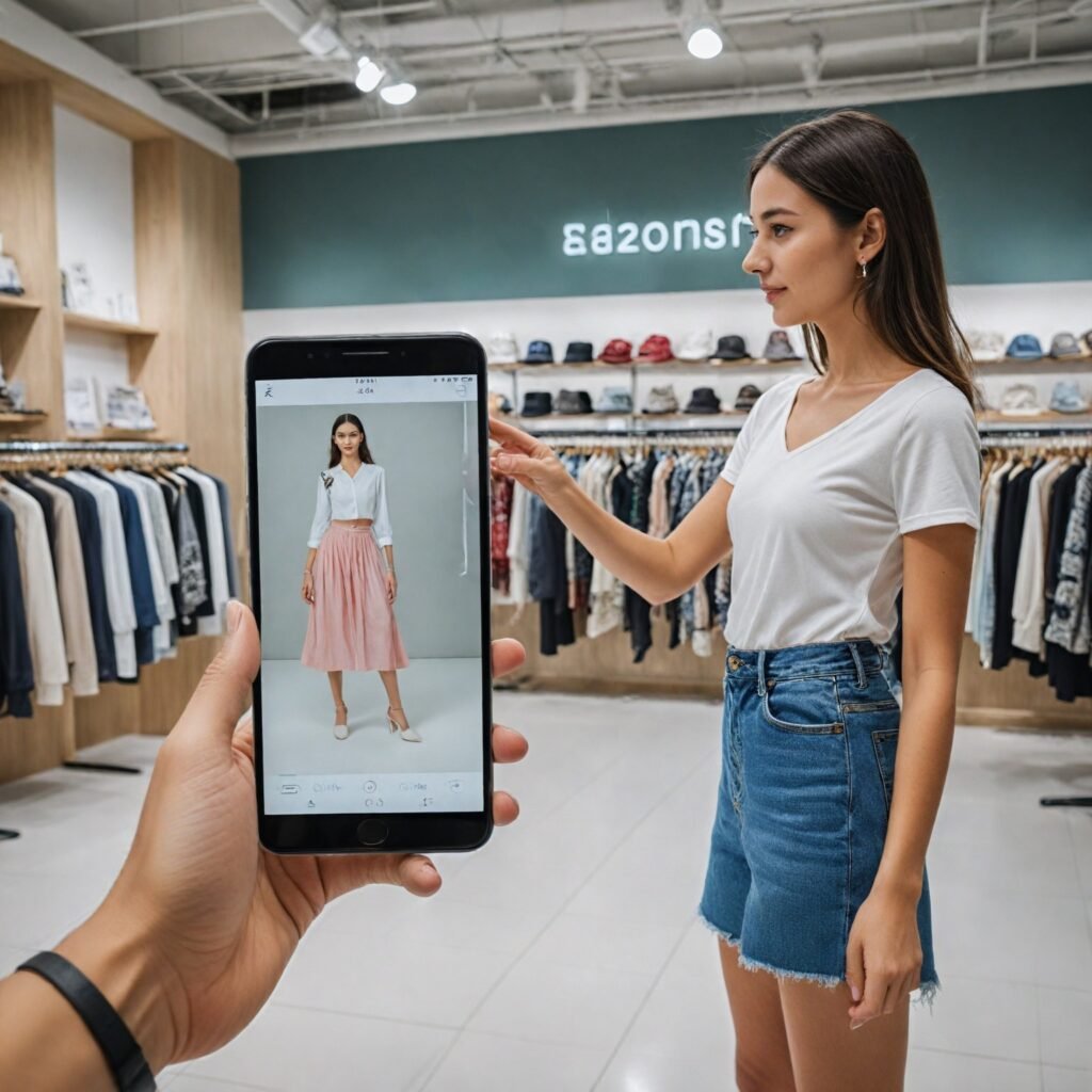 A person using augmented reality at home to try on virtual outfits, showcasing futuristic, holographic clothing options.