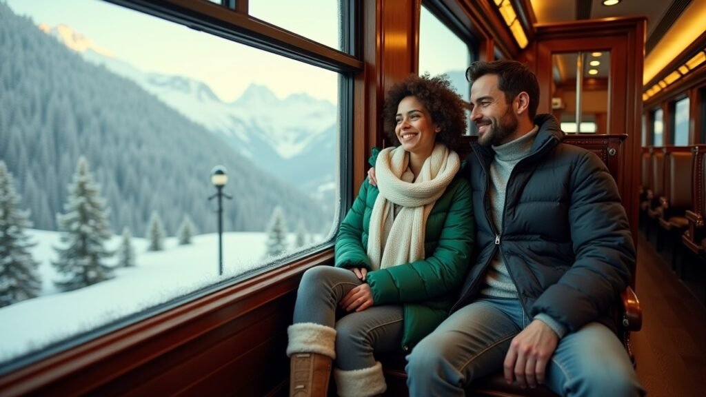 Ultimate Fashion Guide for Your Vacation or Honeymoon in Switzerland | Designcruze 4 Couple dressed in stylish winter outfits aboard a scenic train to the Swiss Alps, with snowy mountains outside.
