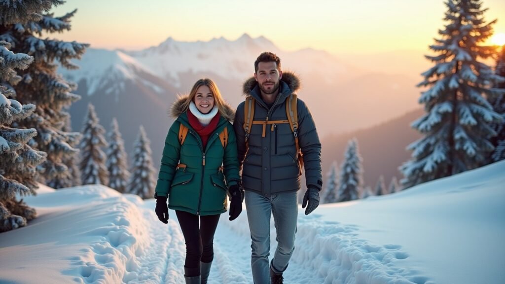 Ultimate Fashion Guide for Your Vacation or Honeymoon in Switzerland | Designcruze 5 Stylish couple standing on a snowy mountain trail in the Swiss Alps, dressed in winter coats and snow boots.