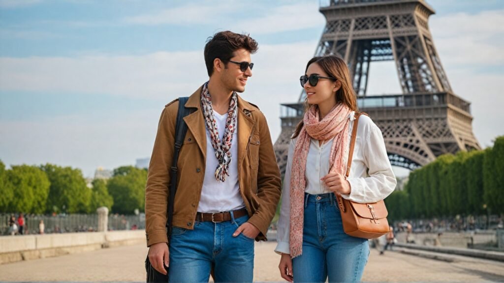  Couple in stylish comfortable outfits visiting the Eiffel Tower in Paris