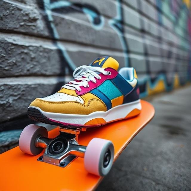 Bold color-block sneakers with contrasting vibrant panels in red, blue, yellow, and white, placed on a stylish street-style backdrop.