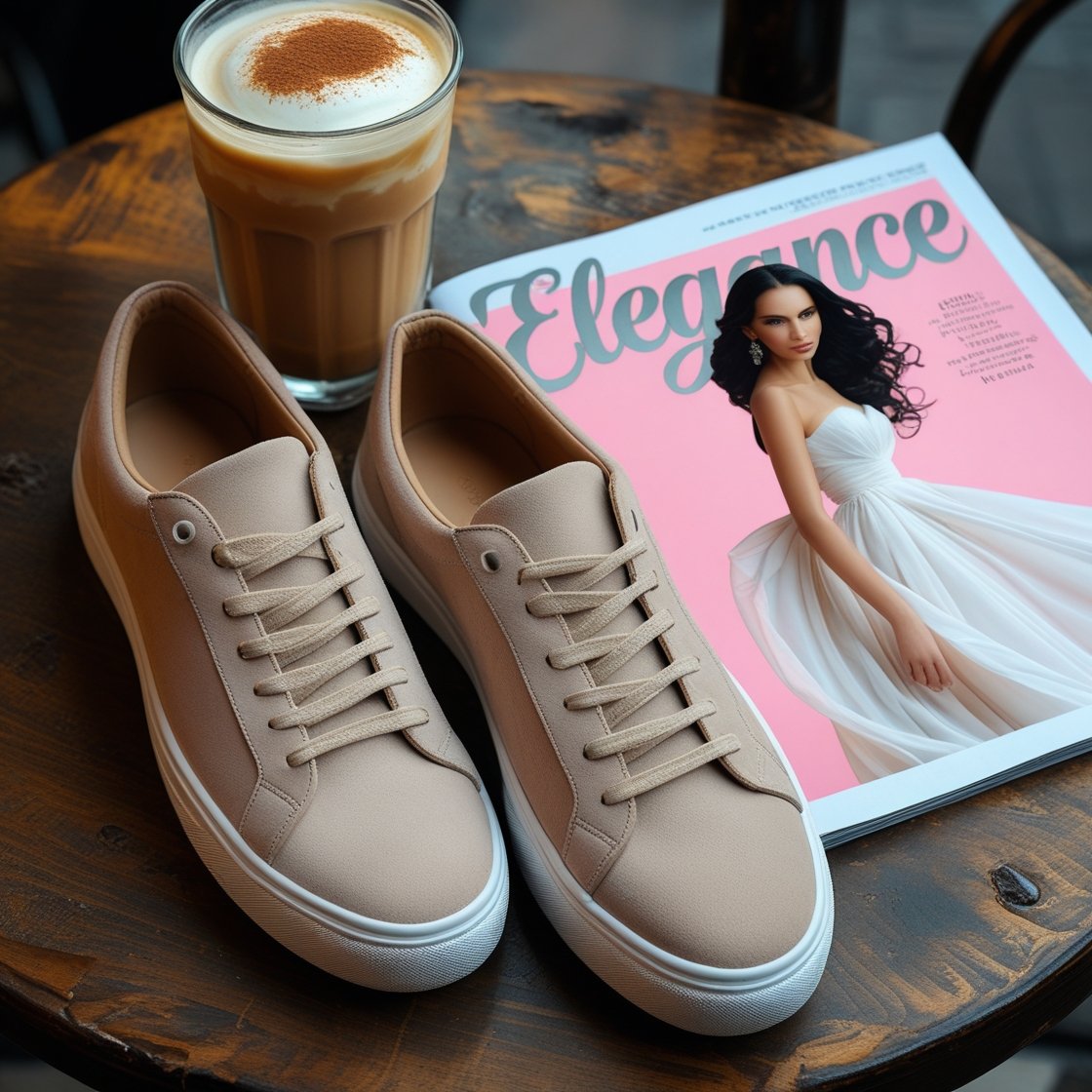 Minimalist slip-on sneakers in beige worn with wide-leg trousers and a trench coat, perfect for effortless city fashion.