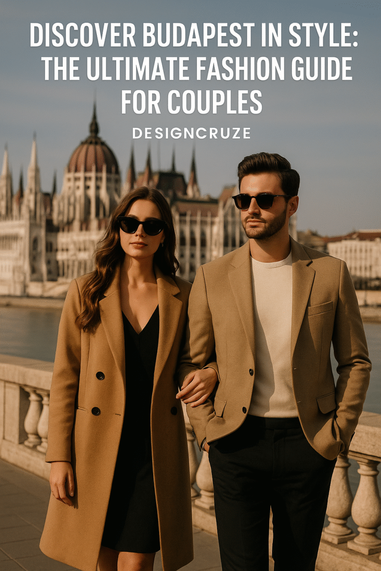 Chic couple in stylish outfits walking along the Danube River with the Hungarian Parliament in the background, for a fashion guide blog about Budapest by DesignCruze.