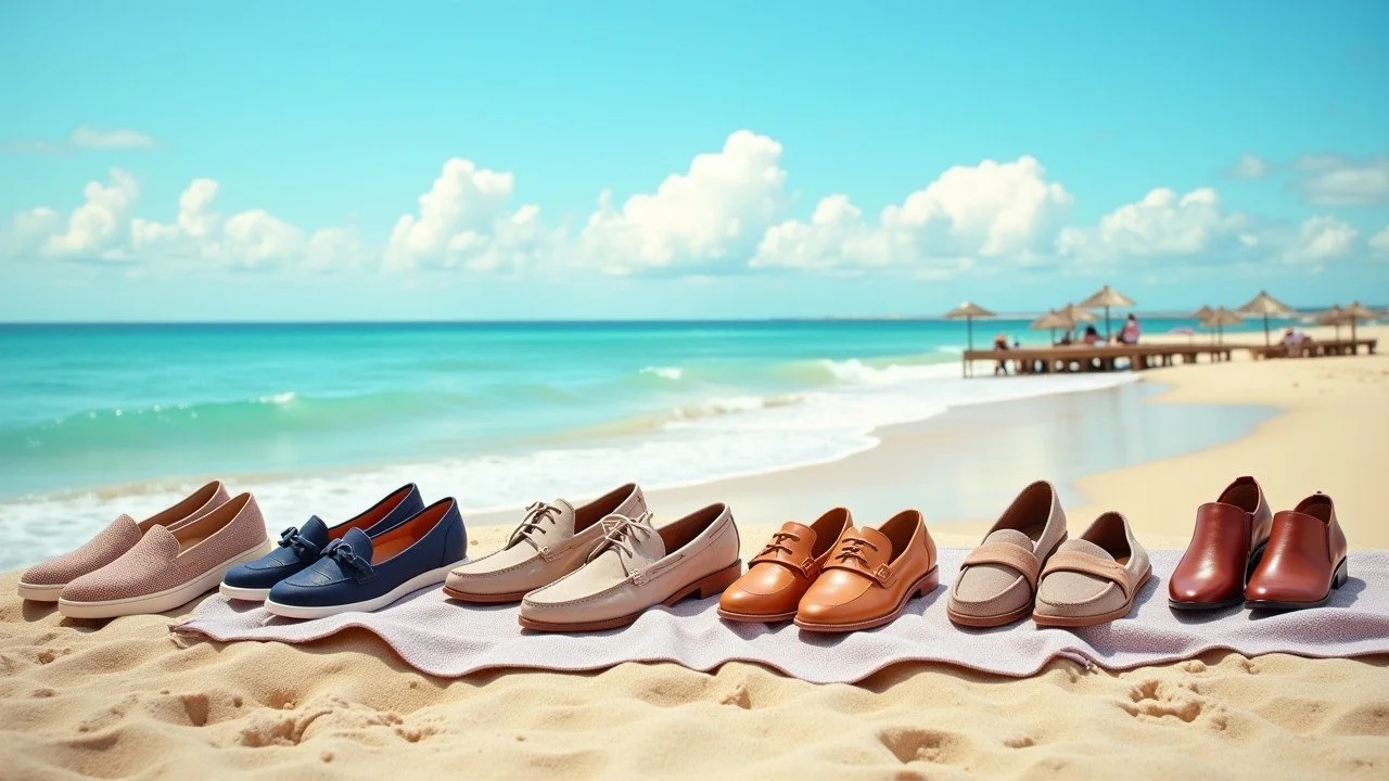 A diverse collection of shoes for men and women, including athletic shoes, sneakers, dress shoes, boots, loafers, sandals, heels, and flip-flops, displayed stylishly for various occasions.