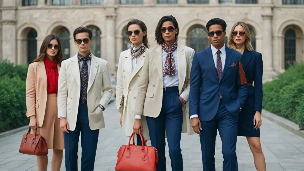 Fashion models wearing versatile outfits in black, white, navy, and beige with colorful accessories