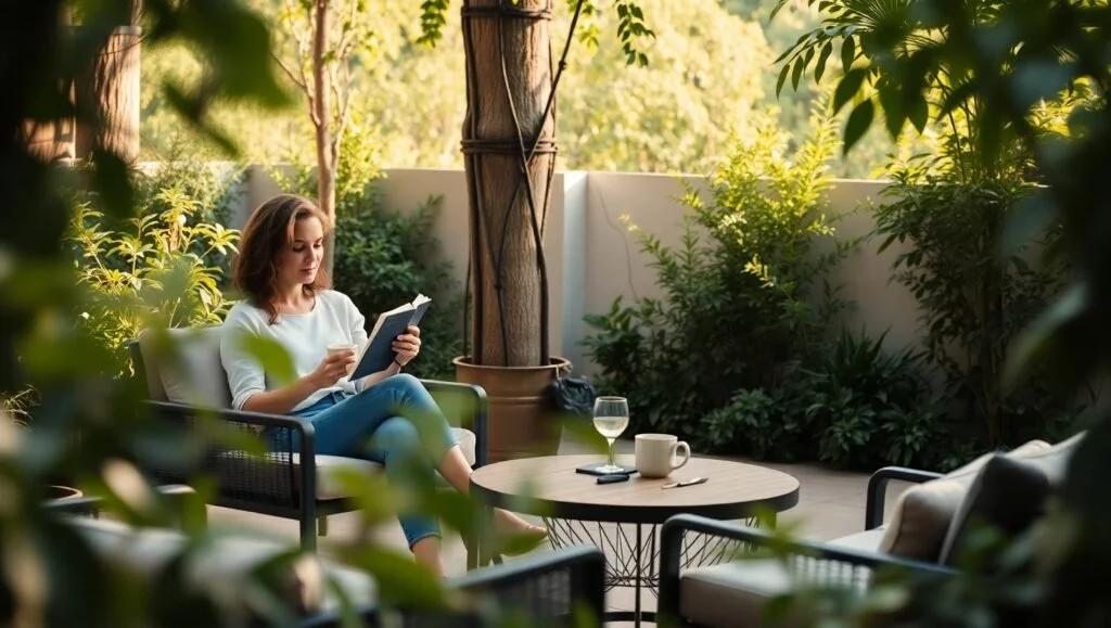A serene, outdoor lifestyle scene featuring a person enjoying nature—perhaps reading a book or sipping coffee—surrounded by lush greenery and a few stylish outdoor furniture pieces. The atmosphere is peaceful and inviting. Style: Soft, natural lighting with a warm color palette.