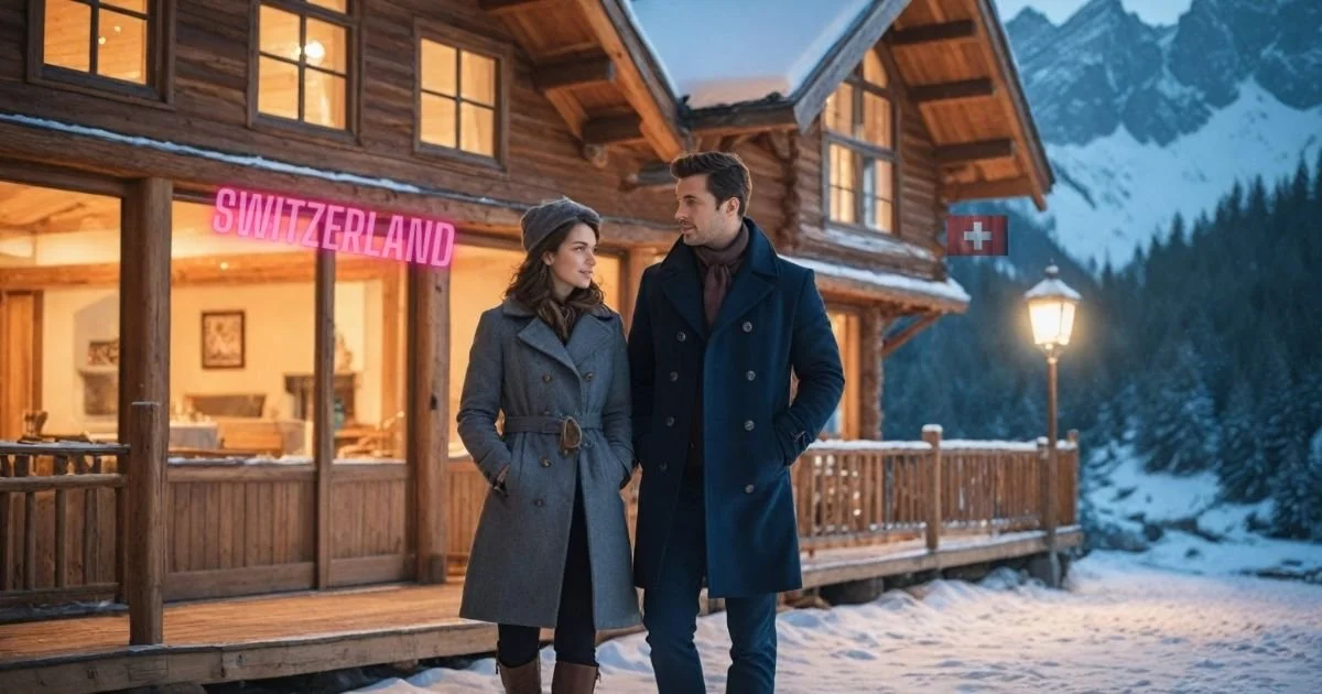 Couple in stylish outfits with Swiss mountain backdrop, perfect fashion for a honeymoon or vacation in Switzerland