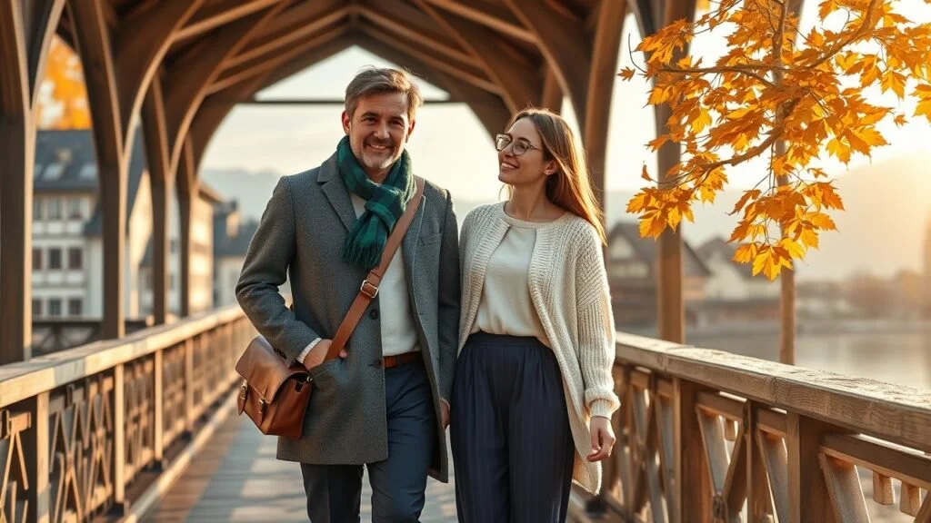 Couple on Lucerne’s iconic wooden bridge, dressed in elegant city outfits with the beautiful Old Town and mountains in the background.