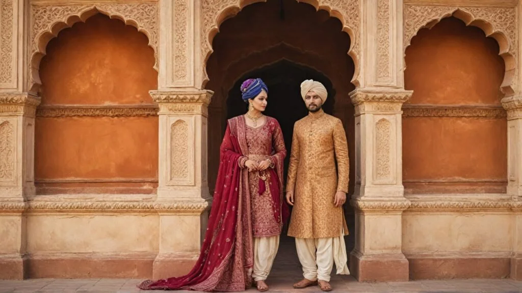 White European couple in traditional Indian royal outfits in front of Amber Fort in Jaipur, showcasing elegant attire.