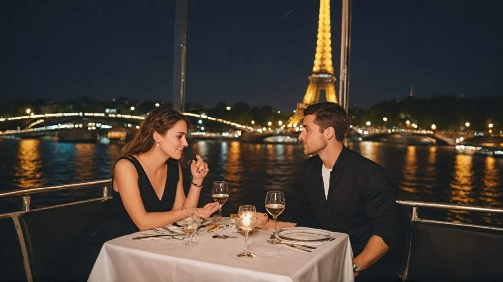Essential Fashion for Your Honeymoon or Romantic Vacation in Paris: A Day-by-Day Guide 11 Elegant couple enjoying a romantic Seine River dinner cruise with the Eiffel Tower in the background.