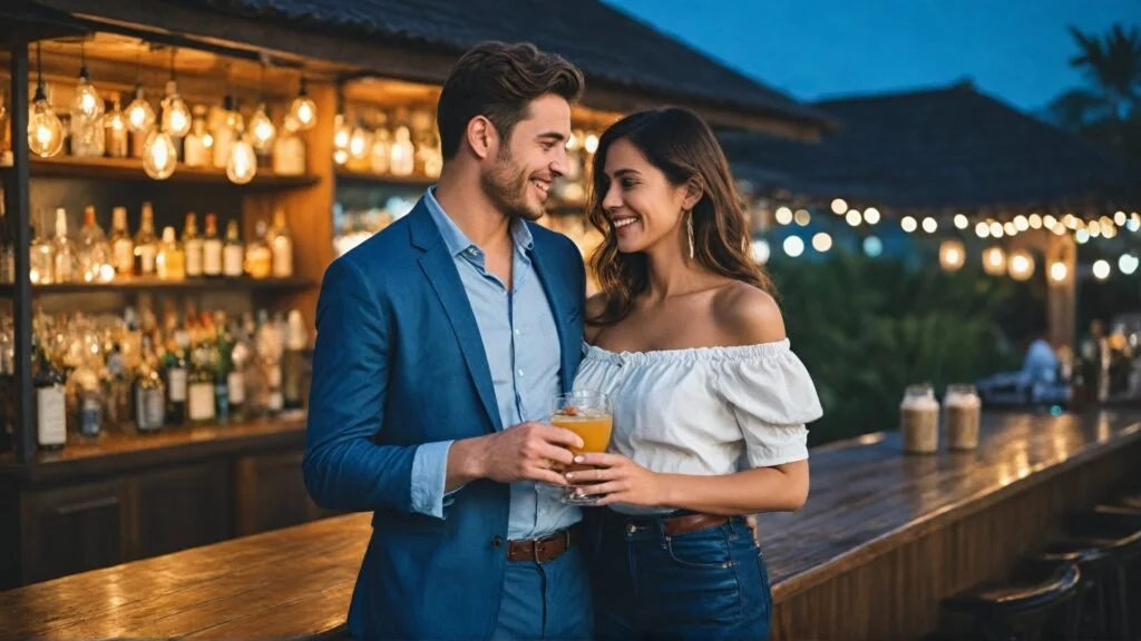 A fashionable couple enjoying a night out in Seminyak, Bali. The man wears a button-down shirt with dark jeans and leather shoes, while the woman is in an off-the-shoulder blouse with a miniskirt and block heels.