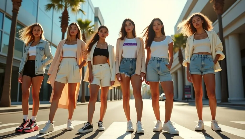 Fashionable young adults showcasing top sneaker trends for summer 2025, wearing stylish shoes in an urban street setting.